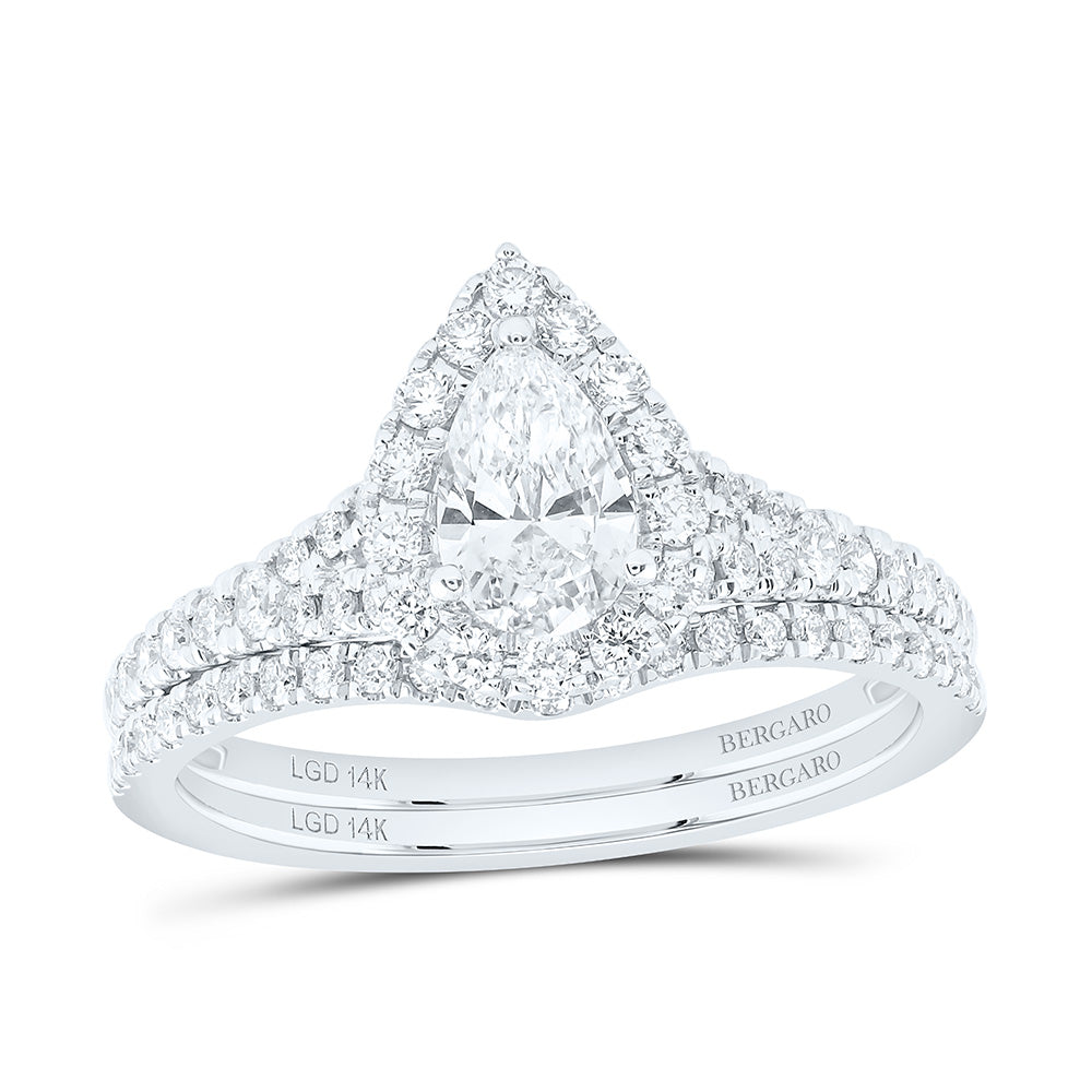 14K Yellow Or White Gold 1 Cttw Lab Grown Diamond 1/2 Cttw Center Pear Single Halo Bridal Set