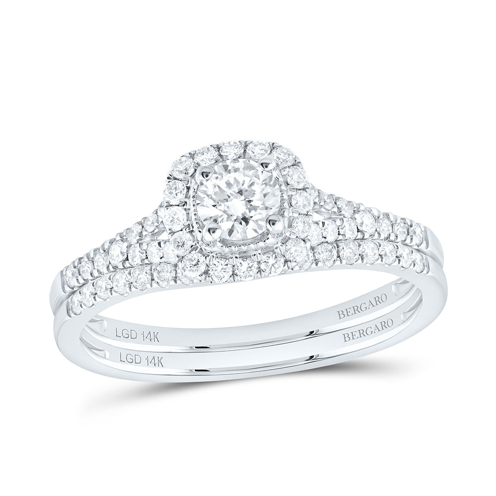 14K Yellow Or White Gold 1/2 Cttw Lab Grown Diamond 1/5 Cttw Center Round Cushion Single Halo Bridal Set