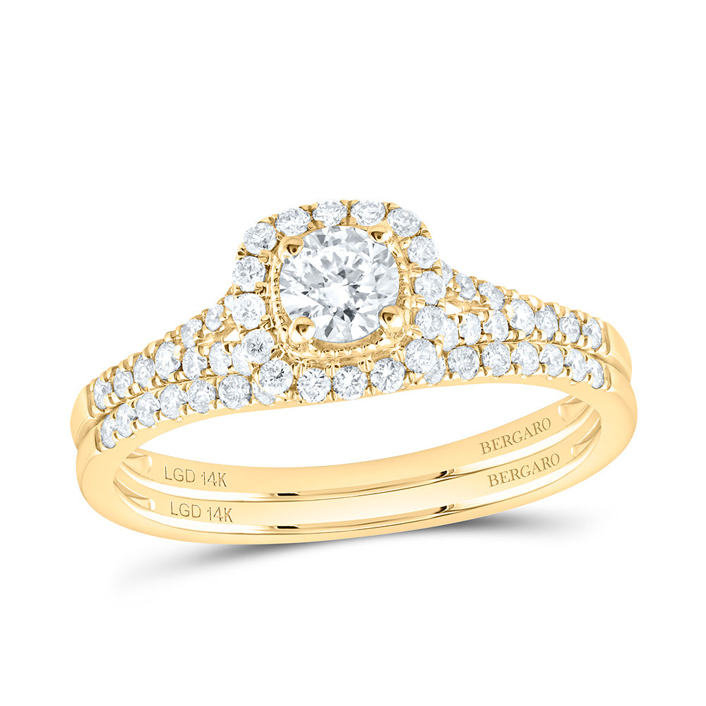 14K Yellow Or White Gold 1/2 Cttw Lab Grown Diamond 1/5 Cttw Center Round Cushion Single Halo Bridal Set
