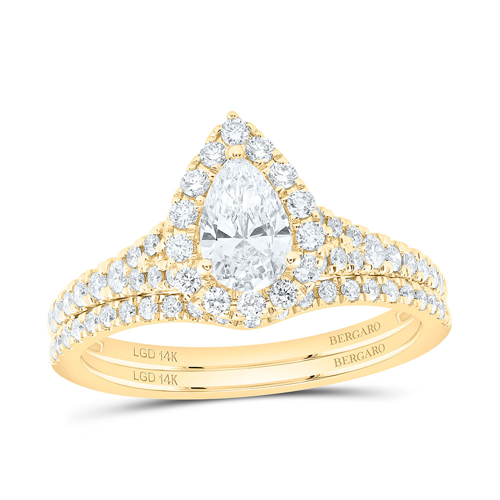 14K Yellow Or White Gold 1 Cttw Lab Grown Diamond 1/2 Cttw Center Pear Single Halo Bridal Set