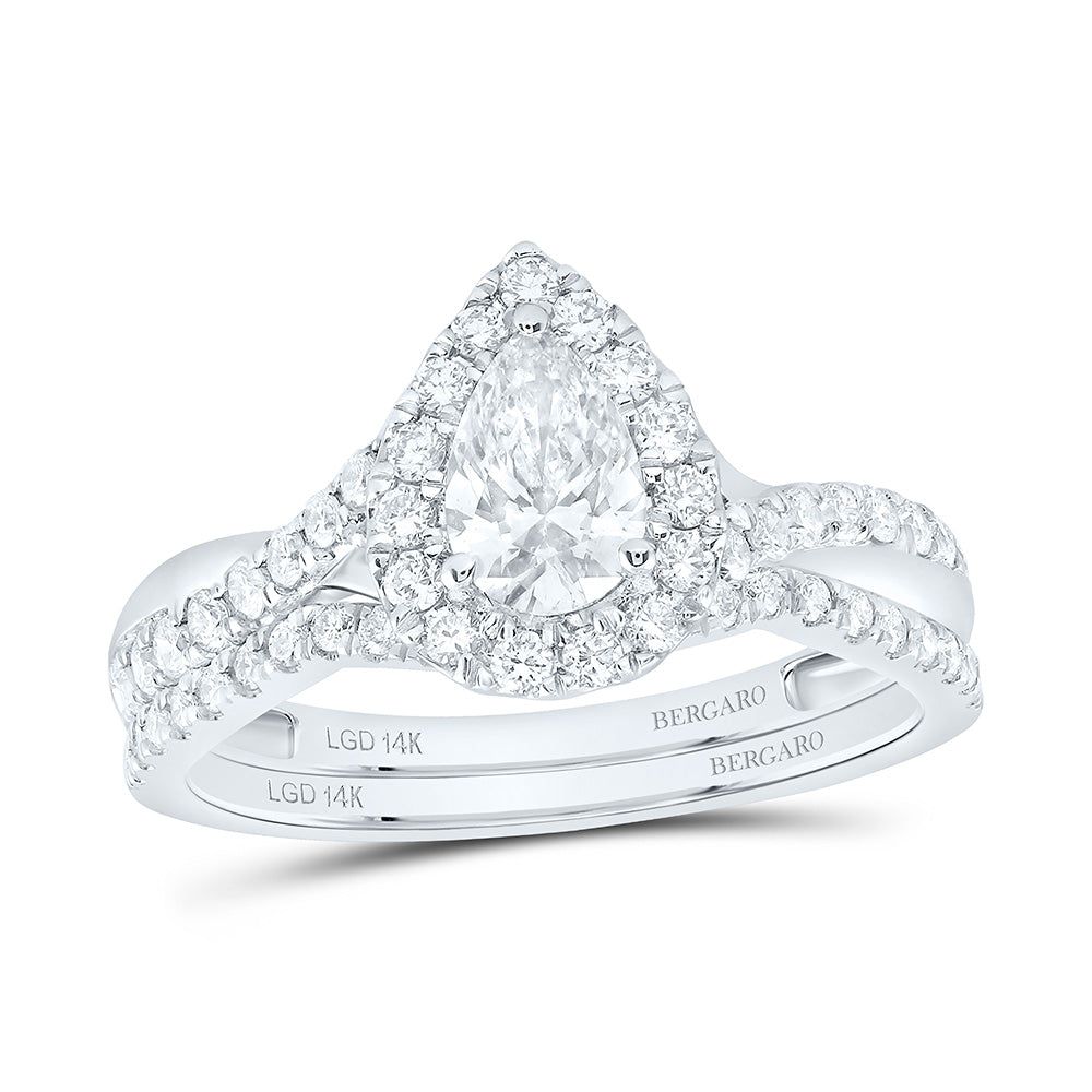 14K Yellow Or White Gold 1 Cttw Lab Grown Diamond 1/2 Cttw Center Pear Single Halo Bridal Set