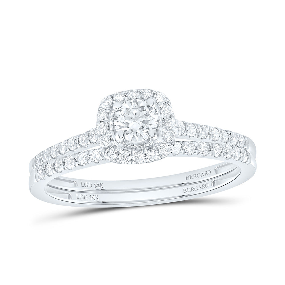 14K Yellow Or White Gold 1/2 Cttw Lab Grown Diamond 1/5 Cttw Center Round Cushion Single Halo Bridal Set
