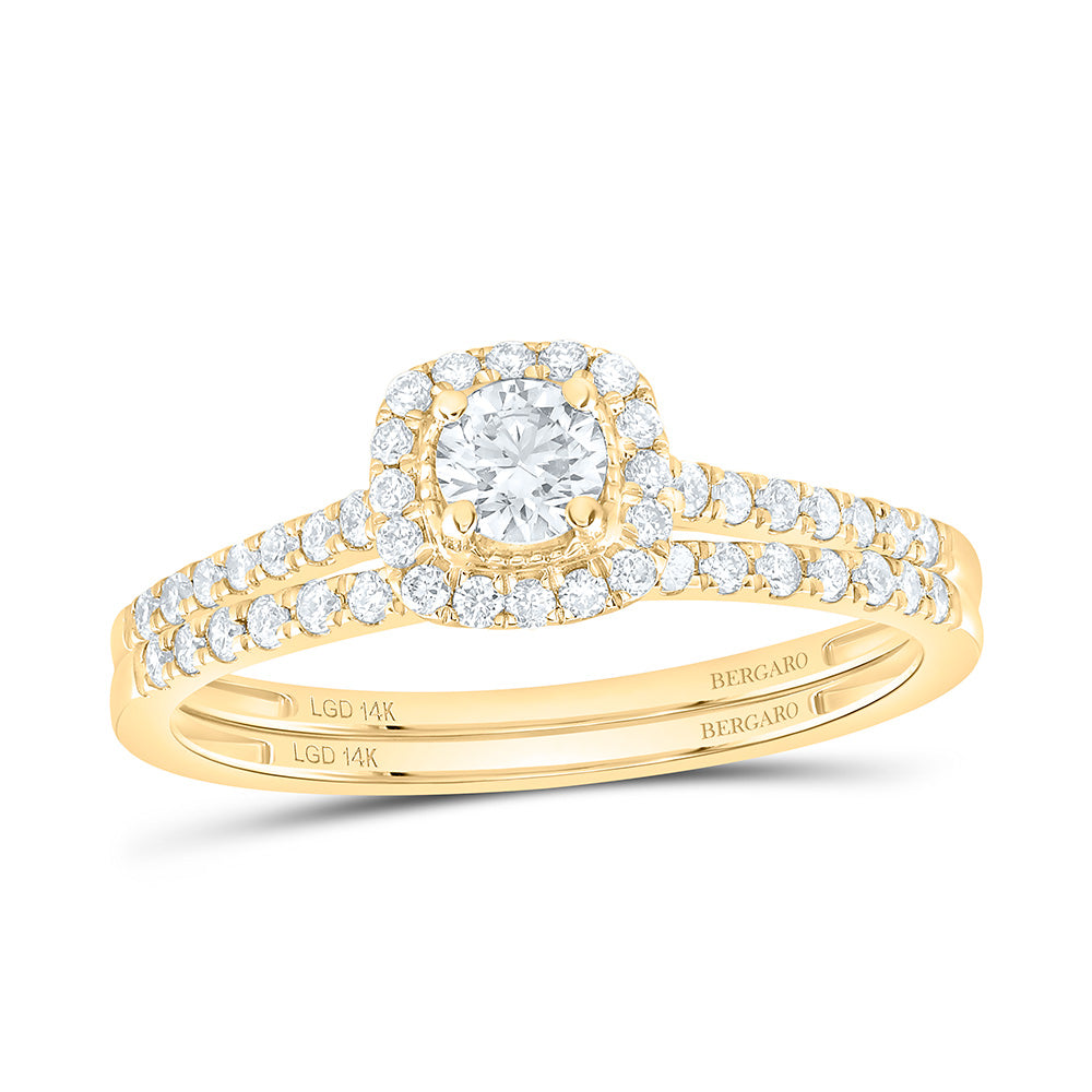 14K Yellow Or White Gold 1/2 Cttw Lab Grown Diamond 1/5 Cttw Center Round Cushion Single Halo Bridal Set