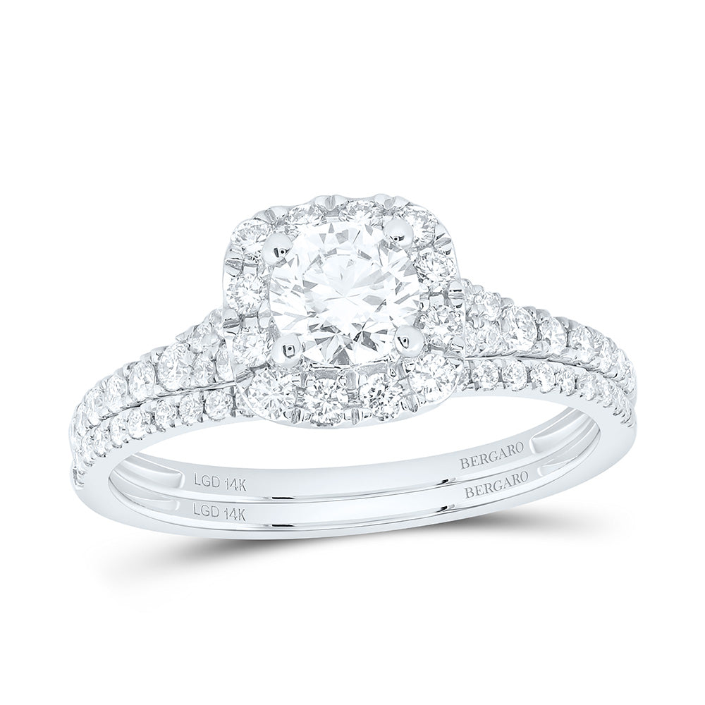 14K Yellow Or White Gold 1 Cttw Lab Grown Diamond 1/2 Cttw Center Round Cushion Single Halo Bridal Set