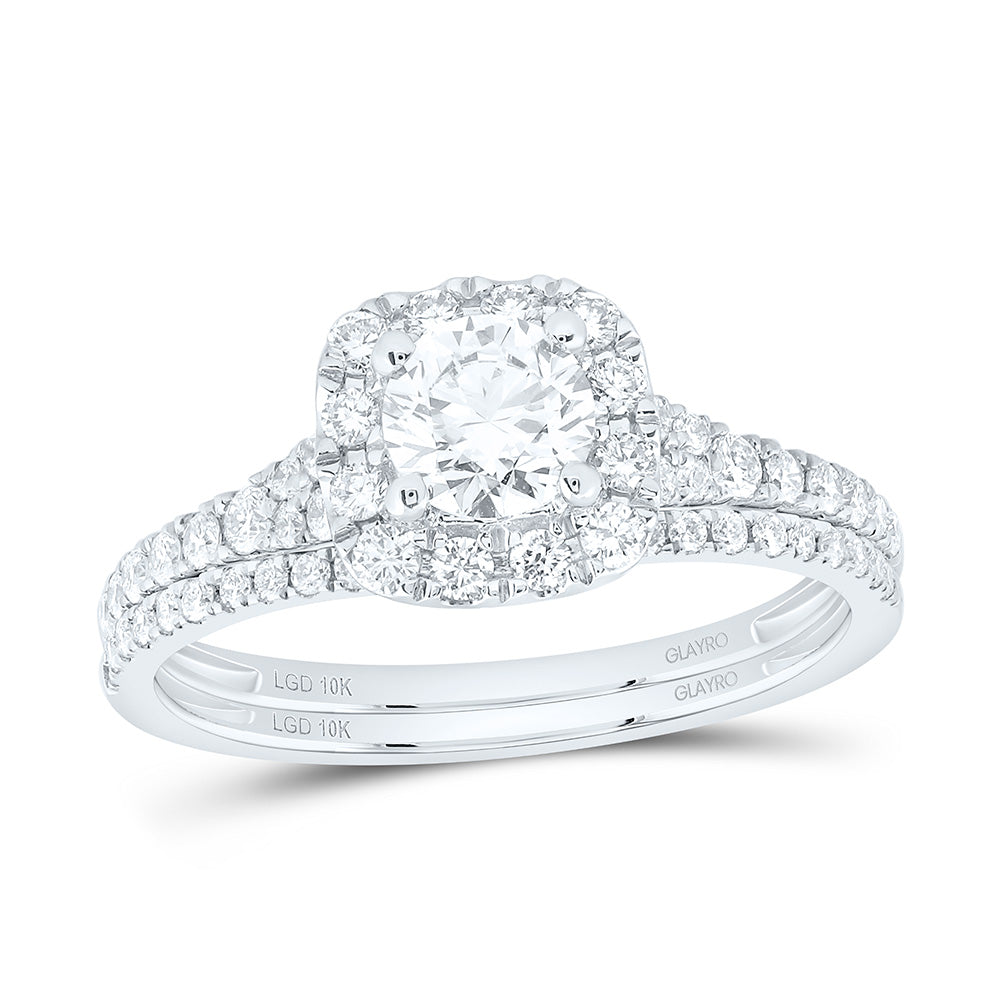 10K Yellow Or White Gold 1 Cttw Lab Grown Diamond 1/2 Cttw Center Round Cushion Single Halo Bridal Set