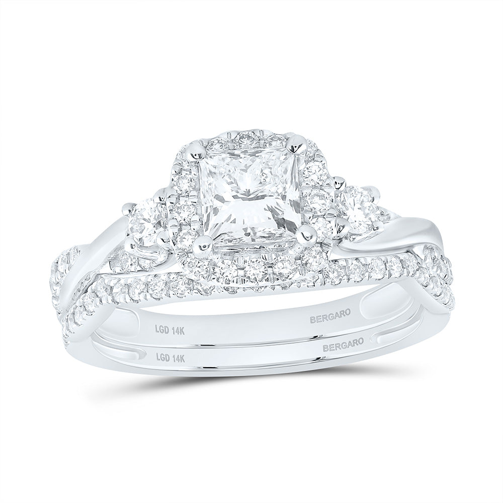 14K Yellow Or White Gold 1 1/4 Cttw Lab Grown Diamond 3/4 Cttw Center Princess Cushion Single Halo Bridal Set