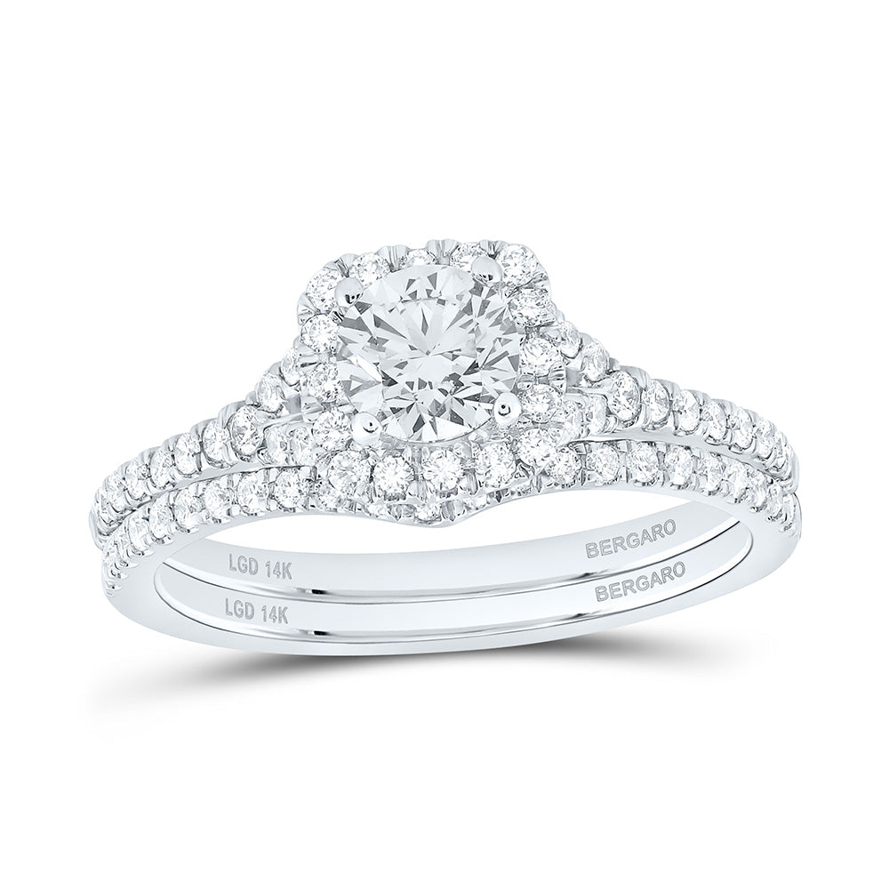 14K Yellow Or White Gold 1 Cttw Lab Grown Diamond 1/2 Cttw Center Round Cushion Single Halo Bridal Set