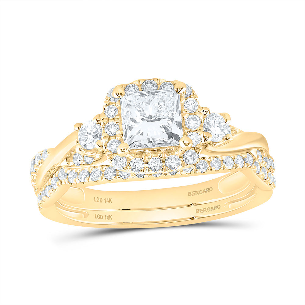 14K Yellow Or White Gold 1 1/4 Cttw Lab Grown Diamond 3/4 Cttw Center Princess Cushion Single Halo Bridal Set
