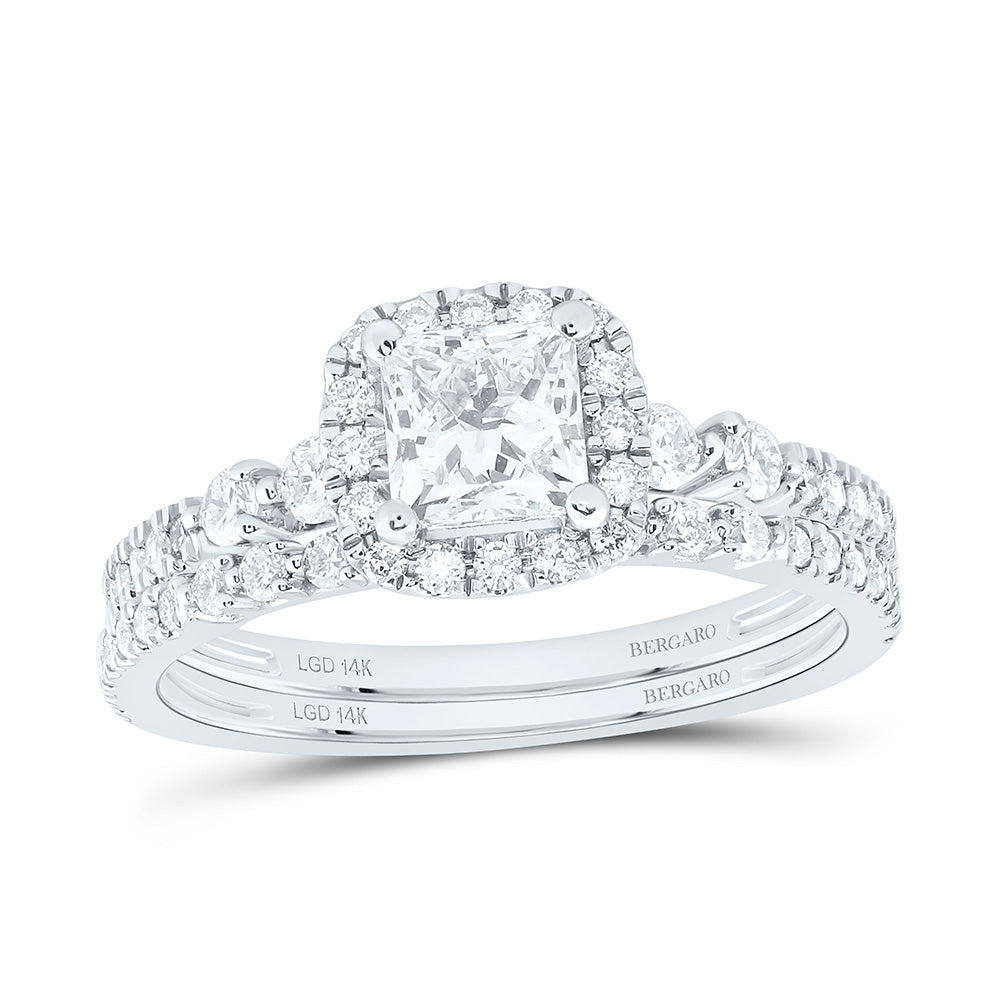 14K Yellow Or White Gold 1 1/3 Cttw Lab Grown Diamond 3/4 Cttw Center Princess Single Halo Bridal Set