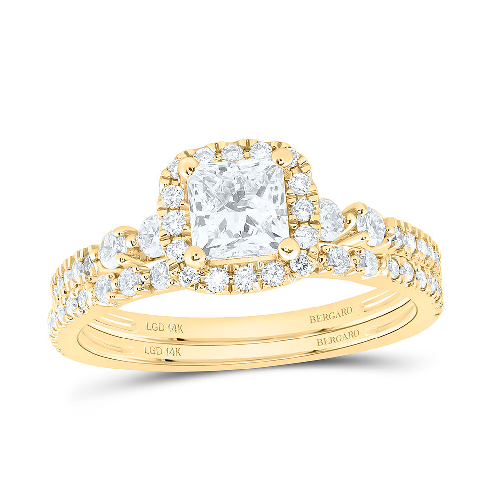 14K Yellow Or White Gold 1 1/3 Cttw Lab Grown Diamond 3/4 Cttw Center Princess Single Halo Bridal Set