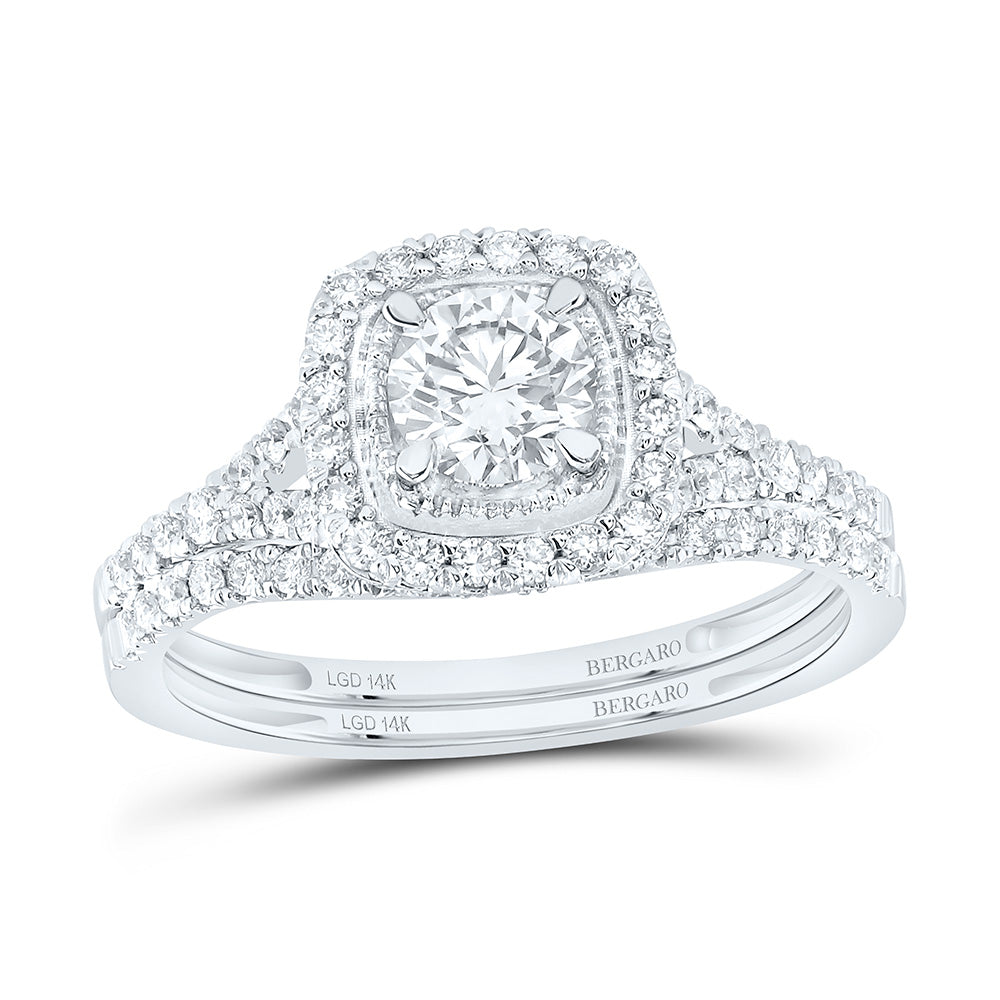 14K Yellow Or White Gold 1 Cttw Lab Grown Diamond 1/2 Cttw Center Round Cushion Single Halo Bridal Set
