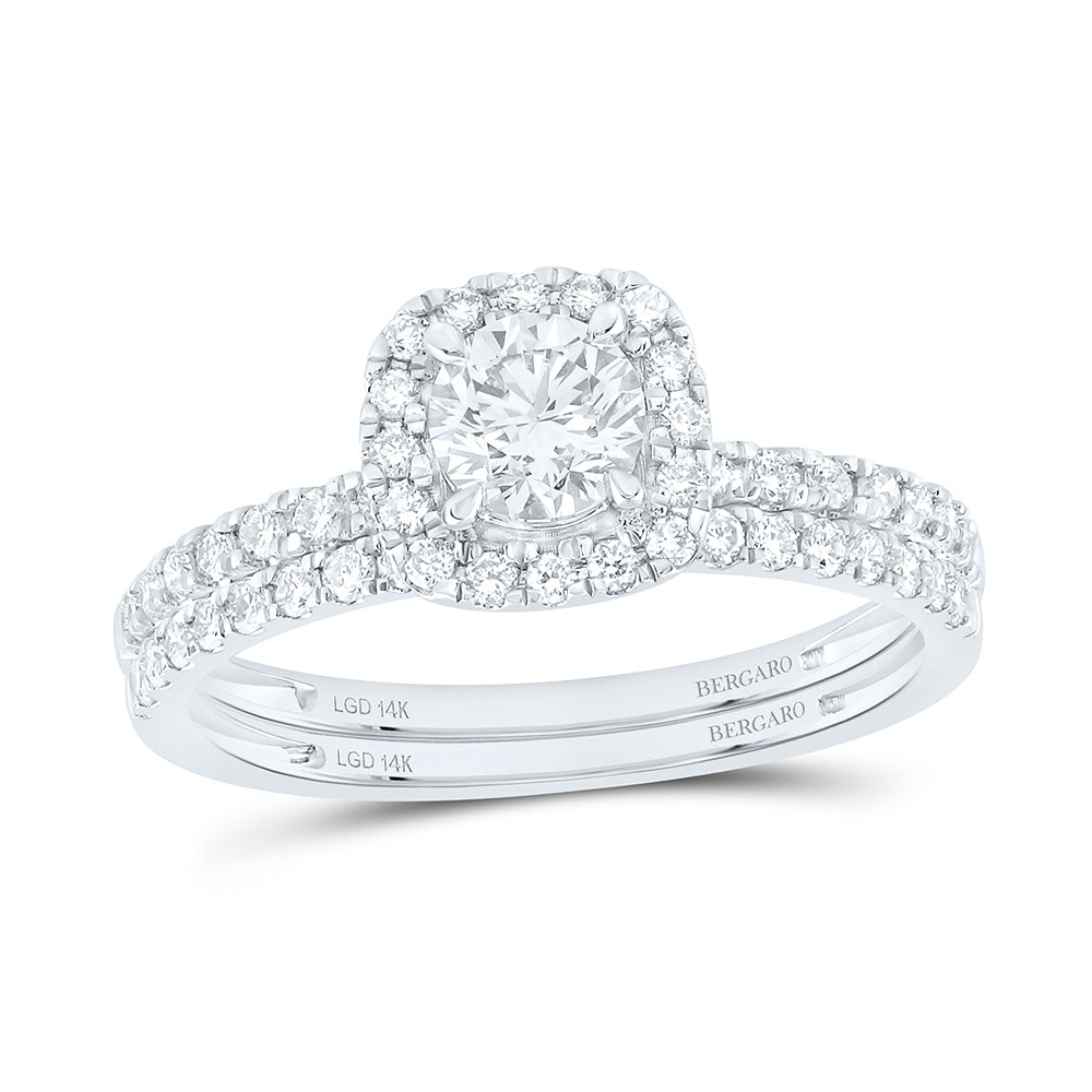 14K Yellow Or White Gold 1 Cttw Lab Grown Diamond 1/2 Cttw Center Round Cushion Single Halo Bridal Set