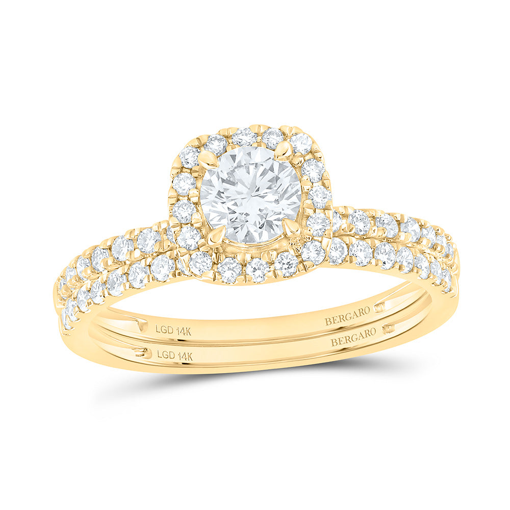 14K Yellow Or White Gold 1 Cttw Lab Grown Diamond 1/2 Cttw Center Round Cushion Single Halo Bridal Set