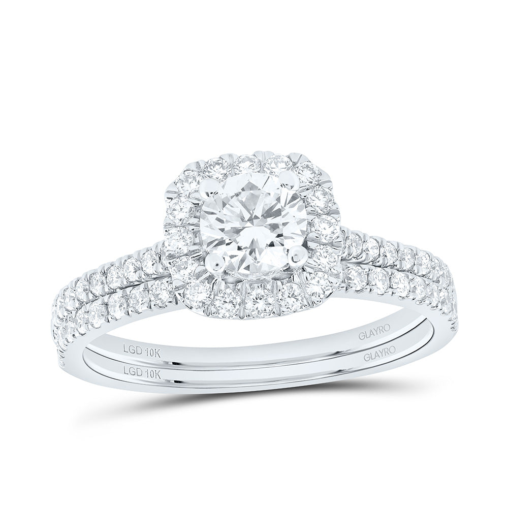 10K Yellow Or White Gold 1 Cttw Lab Grown Diamond 1/2 Cttw Center Round Cushion Single Halo Bridal Set