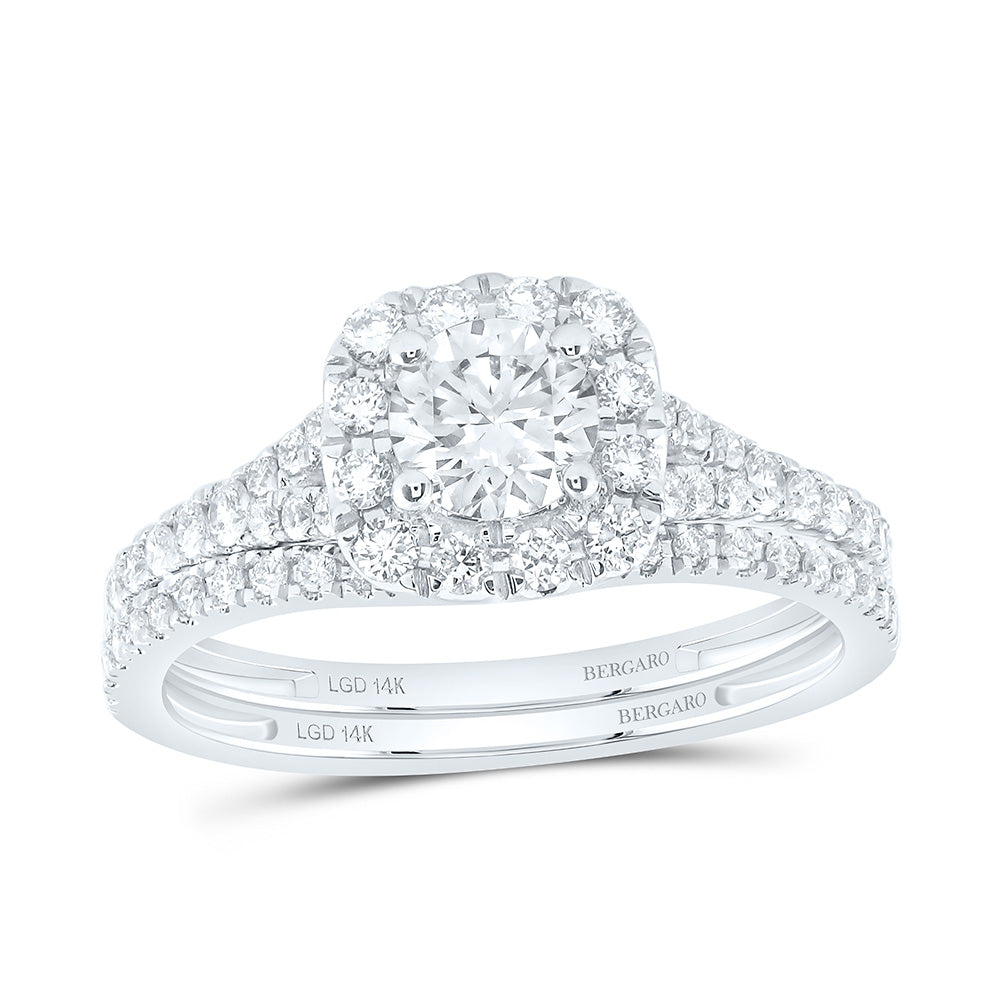 14K Yellow Or White Gold 1 Cttw Lab Grown Diamond 1/2 Cttw Center Round Cushion Single Halo Bridal Set
