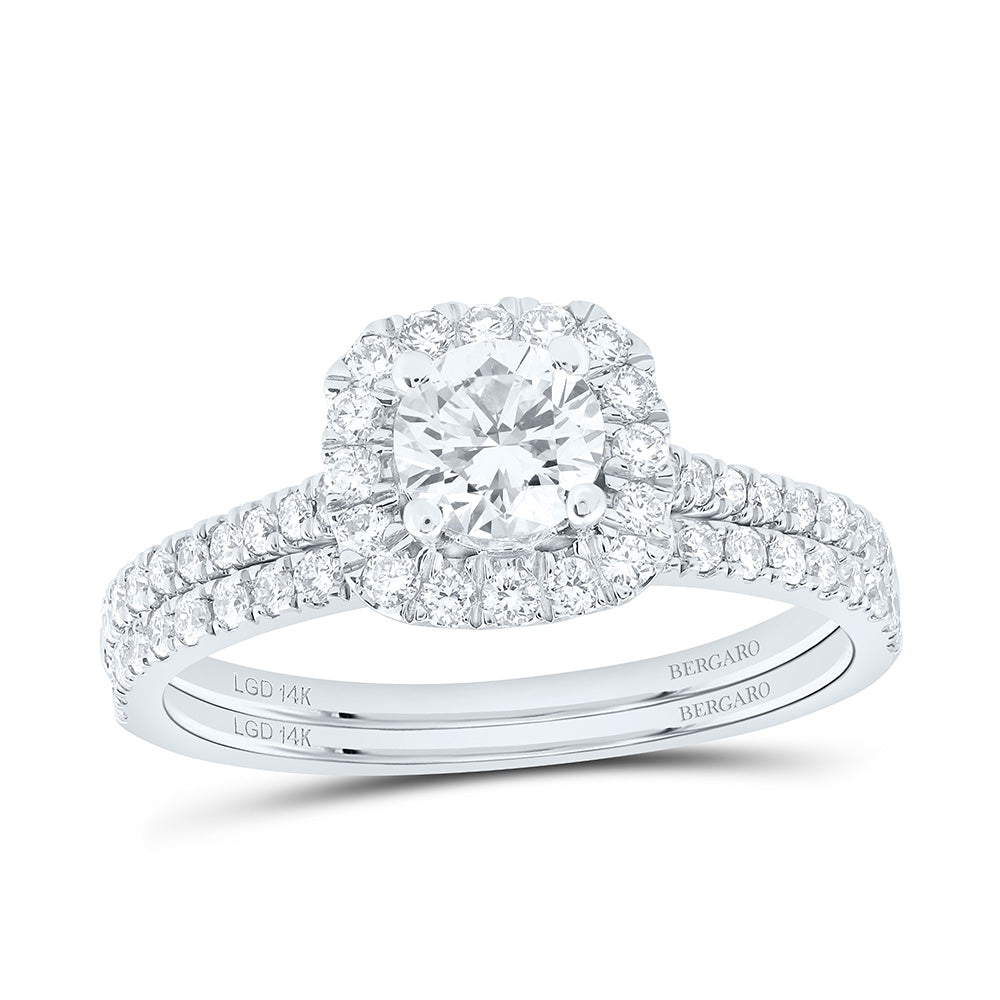 14K Yellow Or White Gold 1 Cttw Lab Grown Diamond 1/2 Cttw Center Round Cushion Single Halo Bridal Set