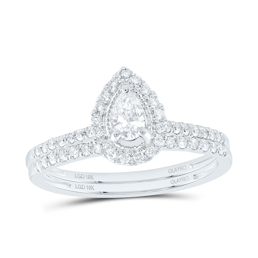 10K Yellow Or White Gold 1/2 Cttw Lab Grown Diamond 1/5 Cttw Center Pear Single Halo Bridal Set