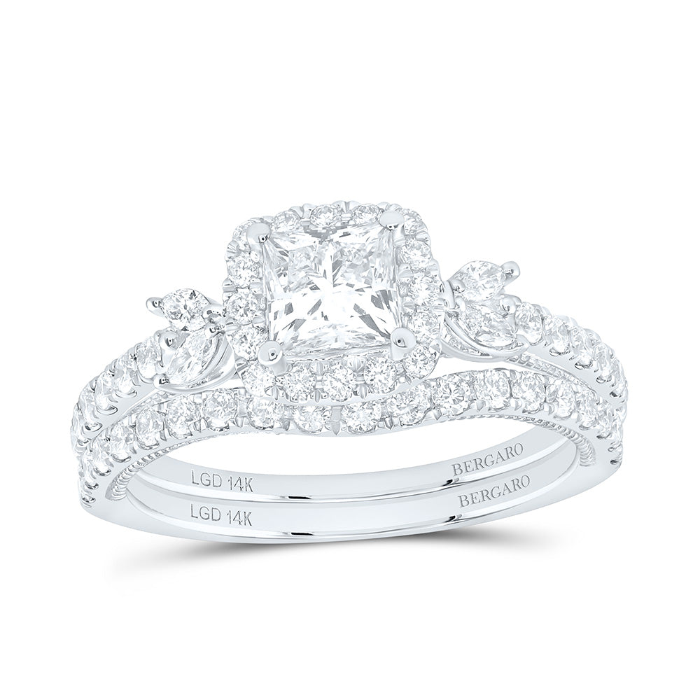 14K Yellow Or White Gold 1 1/2 Cttw Lab Grown Diamond 3/4 Cttw Center Princess Single Halo Bridal Set