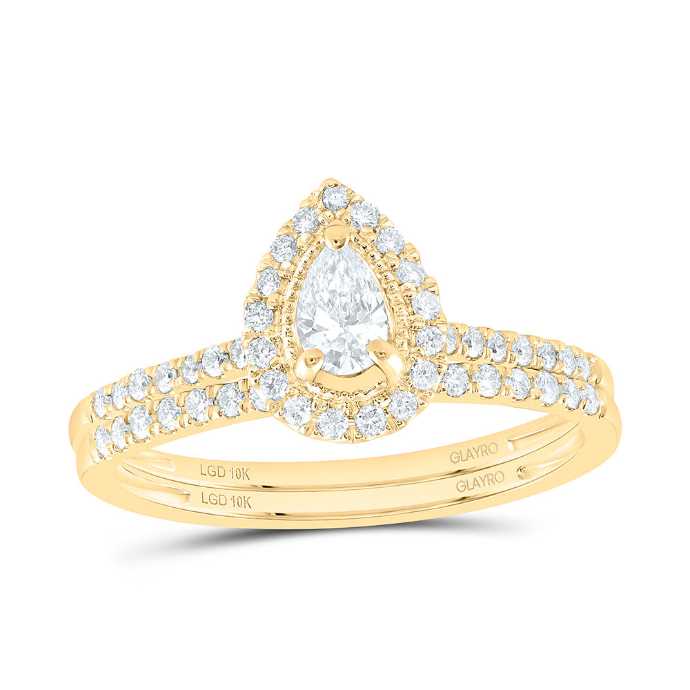 10K Yellow Or White Gold 1/2 Cttw Lab Grown Diamond 1/5 Cttw Center Pear Single Halo Bridal Set