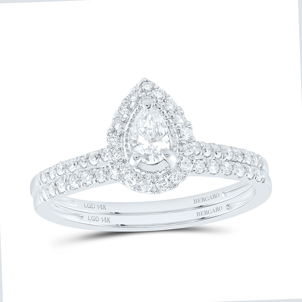 14K Yellow Or White Gold 1/2 Cttw Lab Grown Diamond 1/5 Cttw Center Pear Single Halo Bridal Set