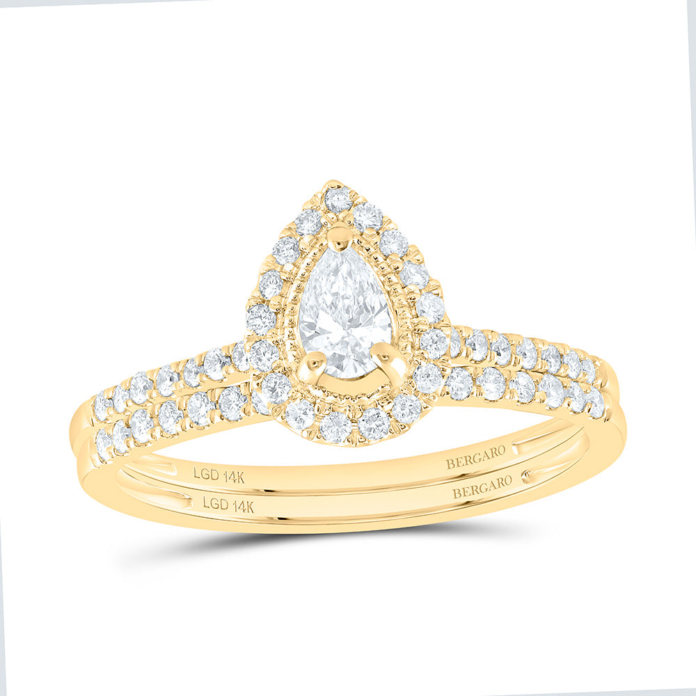 14K Yellow Or White Gold 1/2 Cttw Lab Grown Diamond 1/5 Cttw Center Pear Single Halo Bridal Set