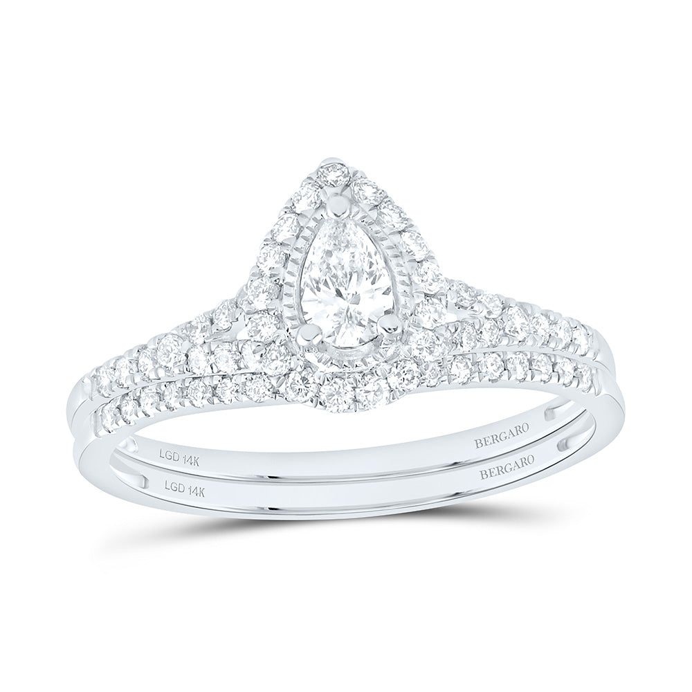 14K Yellow Or White Gold 1/2 Cttw Lab Grown Diamond 1/5 Cttw Center Pear Single Halo Bridal Set