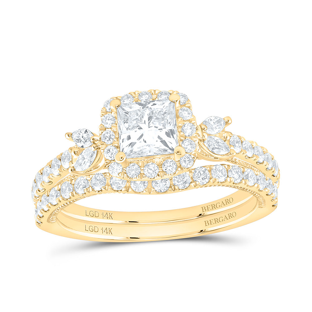 14K Yellow Or White Gold 1 1/2 Cttw Lab Grown Diamond 3/4 Cttw Center Princess Single Halo Bridal Set