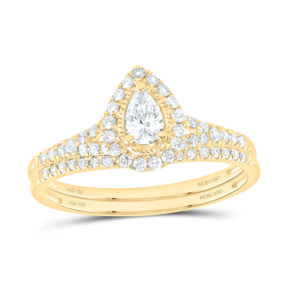 14K Yellow Or White Gold 1/2 Cttw Lab Grown Diamond 1/5 Cttw Center Pear Single Halo Bridal Set