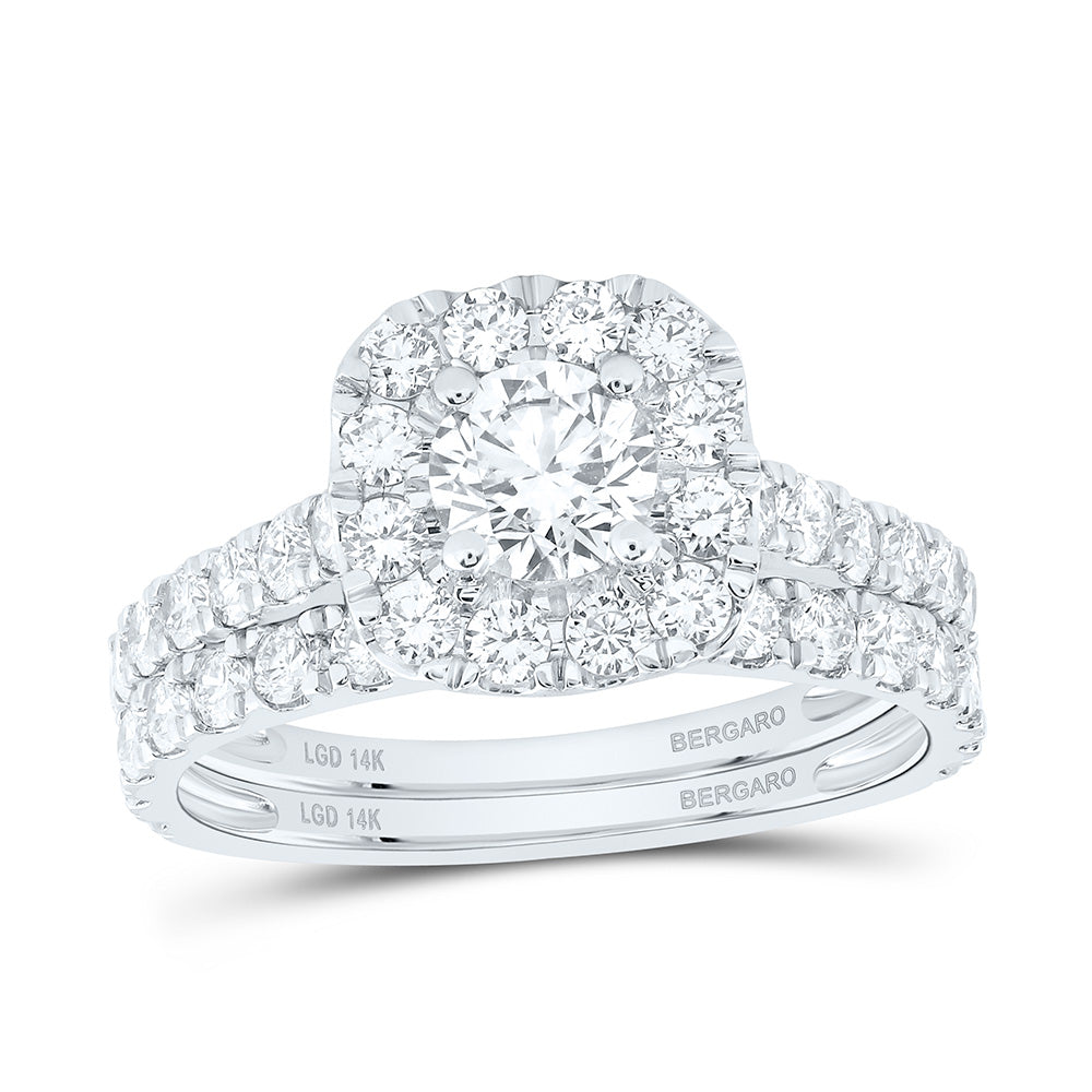 14K Yellow Or White Gold 1 1/2 Cttw Lab Grown Diamond 1/2 Cttw Center Round Cushion Single Halo Bridal Set