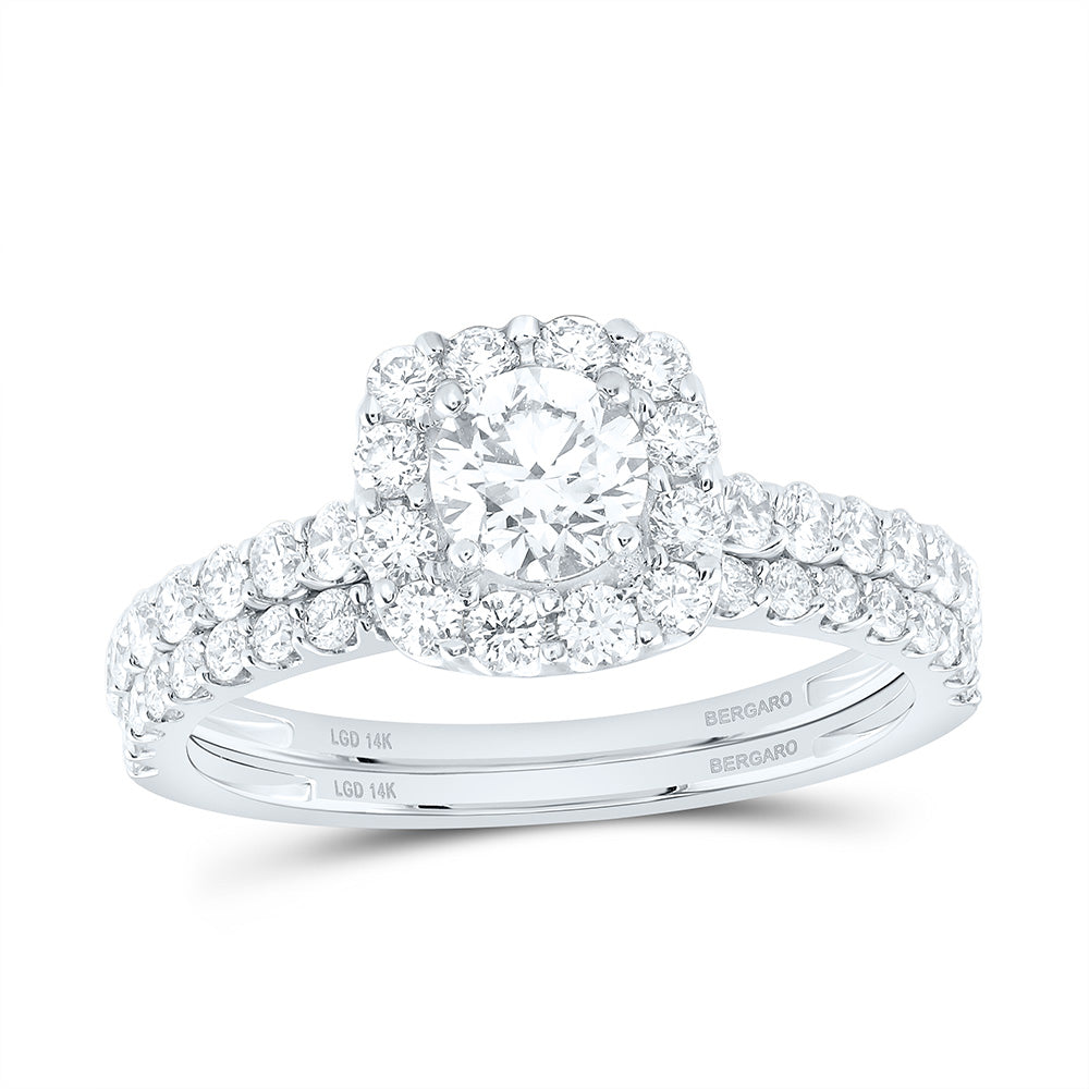 14K Yellow Or White Gold 1 Cttw Lab Grown Diamond 3/4 Cttw Center Round Cushion Single Halo Bridal Set