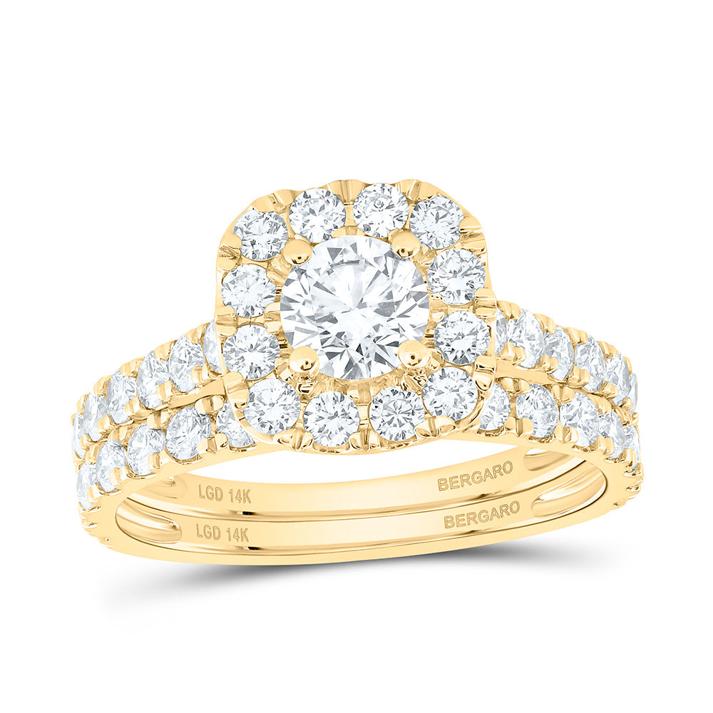 14K Yellow Or White Gold 1 1/2 Cttw Lab Grown Diamond 1/2 Cttw Center Round Cushion Single Halo Bridal Set