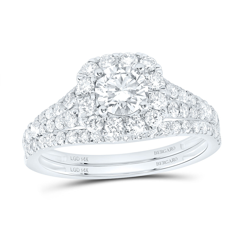 14K Yellow Or White Gold 1 1/2 Cttw Lab Grown Diamond 1/2 Cttw Center Round Cushion Single Halo Bridal Set