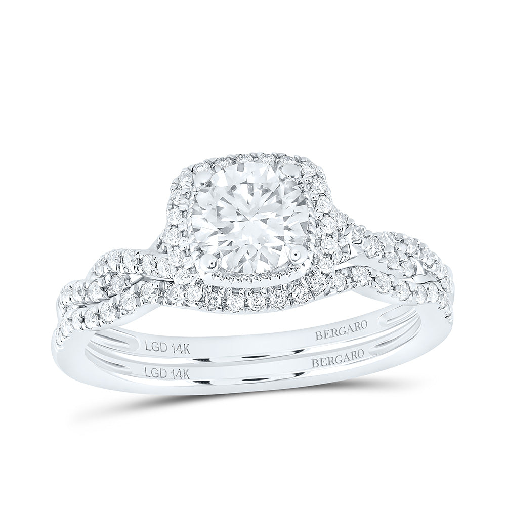 14K Yellow Or White Gold 1 Cttw Lab Grown Diamond 3/4 Cttw Center Round Cushion Single Halo Bridal Set