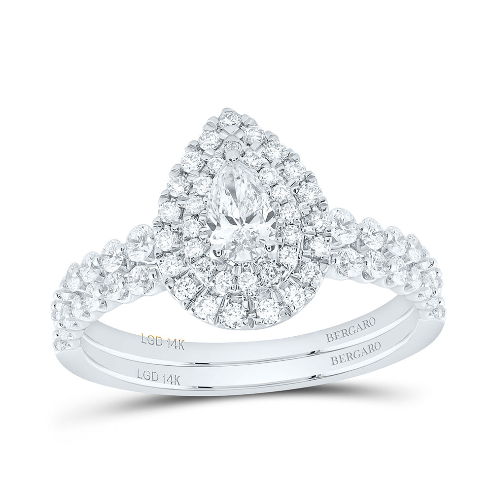14K Yellow Or White Gold 7/8 Cttw Lab Grown Diamond 1/4 Cttw Center Pear Double Halo Bridal Set