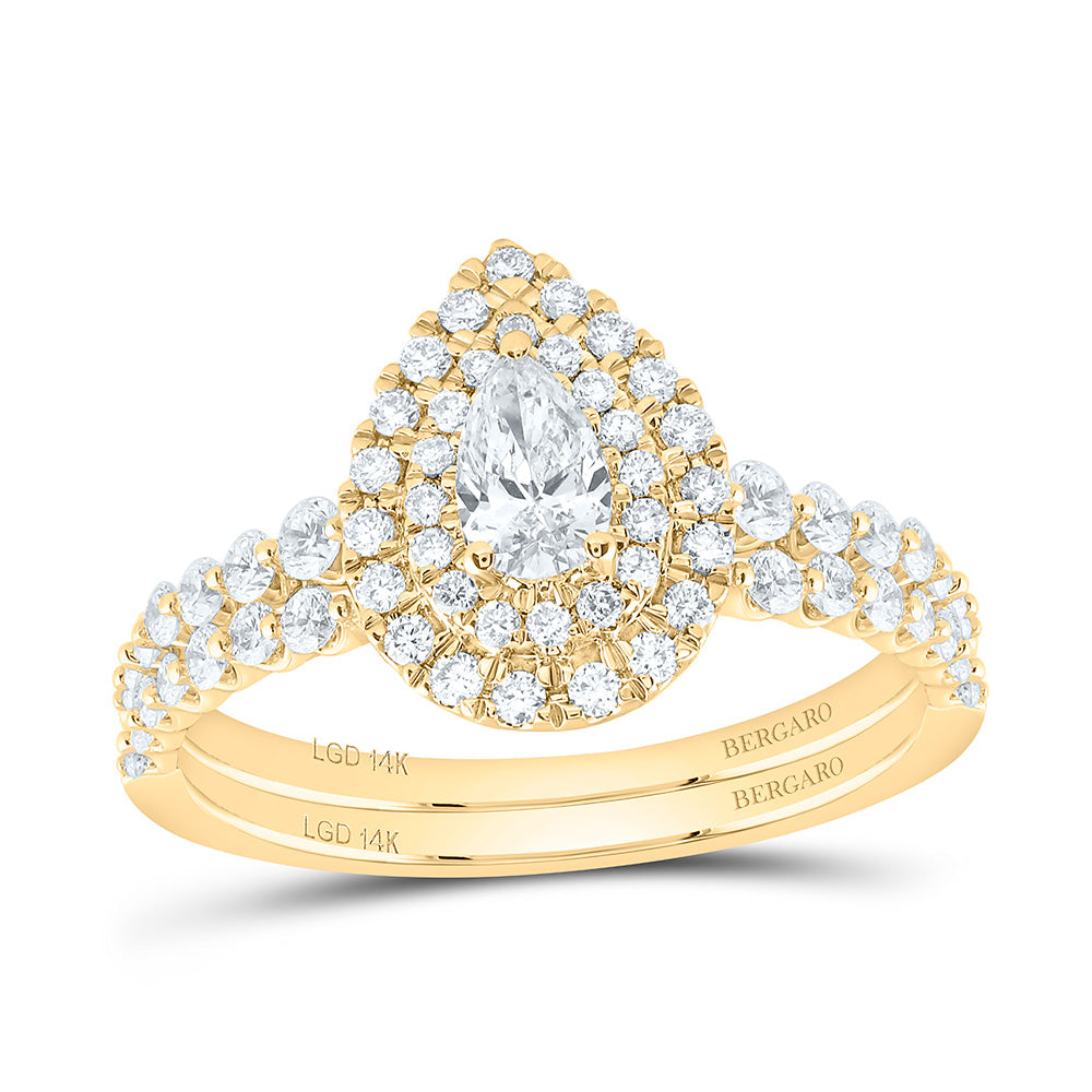 14K Yellow Or White Gold 7/8 Cttw Lab Grown Diamond 1/4 Cttw Center Pear Double Halo Bridal Set