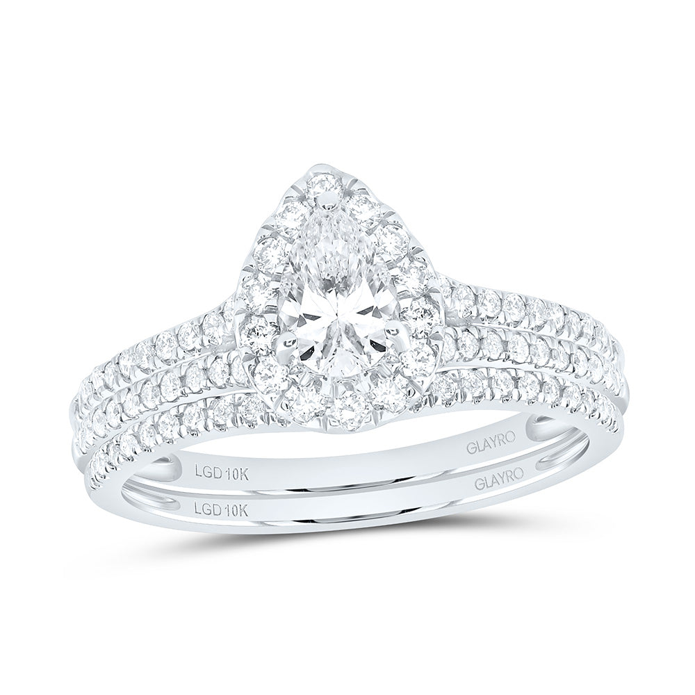 10K Yellow Or White Gold 1 Cttw Lab Grown Diamond 1/2 Cttw Center Pear Single Halo Bridal Set