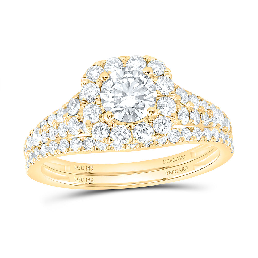 14K Yellow Or White Gold 1 1/2 Cttw Lab Grown Diamond 1/2 Cttw Center Round Cushion Single Halo Bridal Set