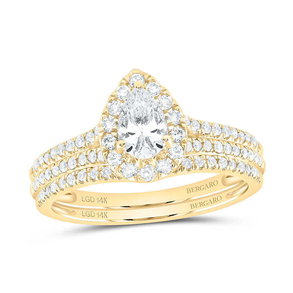 14K Yellow Or White Gold 1 Cttw Lab Grown Diamond 1/2 Cttw Center Pear Single Halo Bridal Set