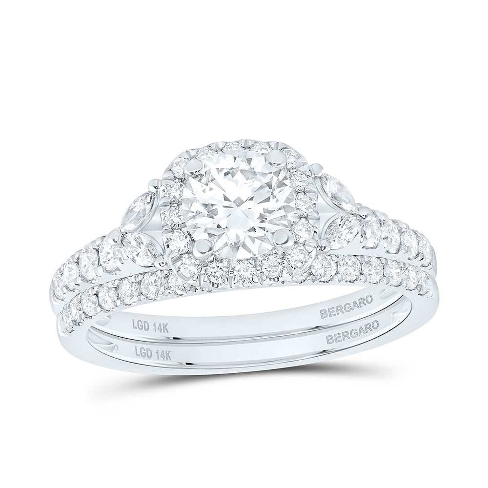 14K Yellow Or White Gold 1 1/2 Cttw Lab Grown Diamond 3/4 Cttw Center Round Cushion Single Halo Bridal Set