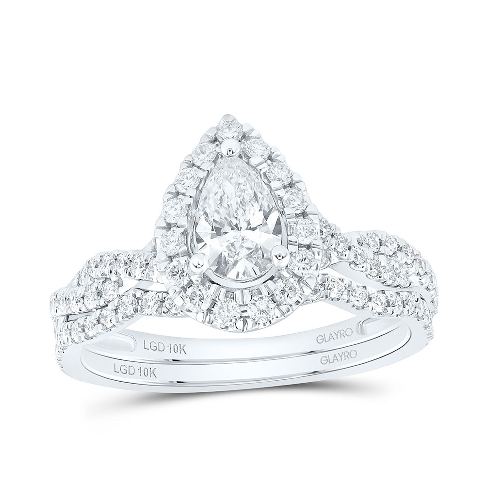 10K Yellow Or White Gold 1 Cttw Lab Grown Diamond 1/2 Cttw Center Pear Single Halo Bridal Set