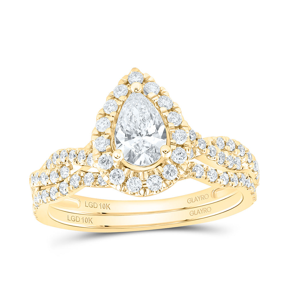 10K Yellow Or White Gold 1 Cttw Lab Grown Diamond 1/2 Cttw Center Pear Single Halo Bridal Set