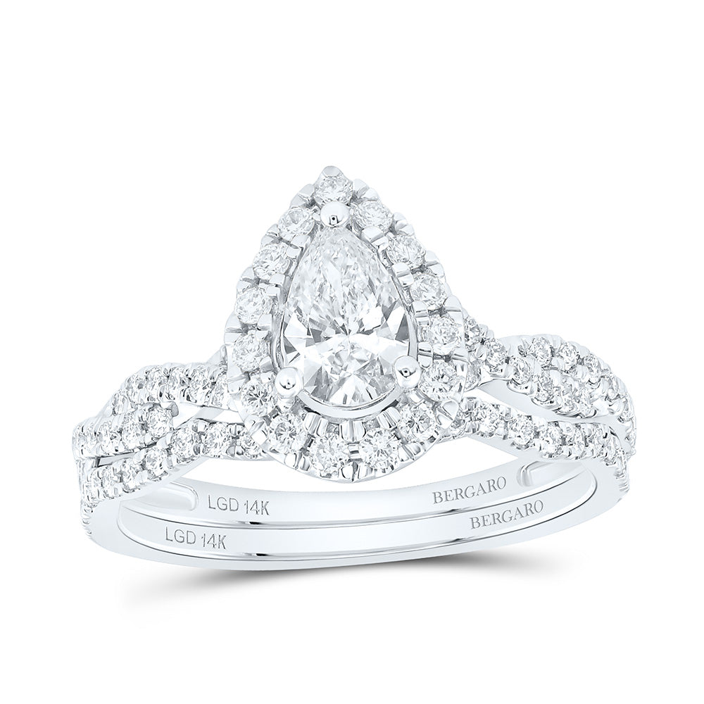 14K Yellow Or White Gold 1 Cttw Lab Grown Diamond 1/2 Cttw Center Pear Single Halo Bridal Set