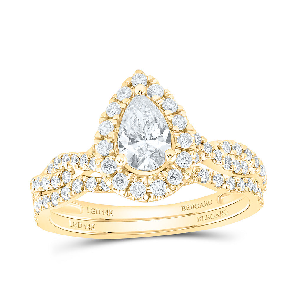14K Yellow Or White Gold 1 Cttw Lab Grown Diamond 1/2 Cttw Center Pear Single Halo Bridal Set