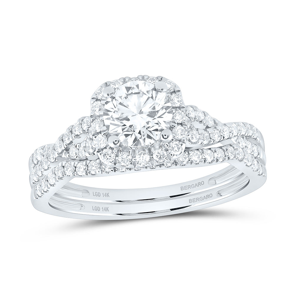 14K Yellow Or White Gold 1 1/4 Cttw Lab Grown Diamond 3/4 Cttw Center Round Cushion Single Halo Bridal Set