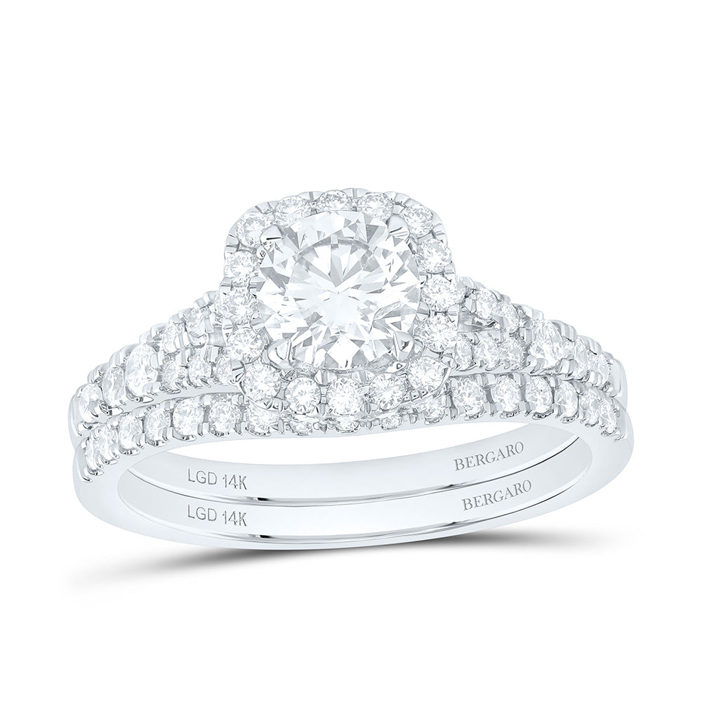 14K Yellow Or White Gold 1 3/8 Cttw Lab Grown Diamond 3/4 Cttw Center Round Cushion Single Halo Bridal Set