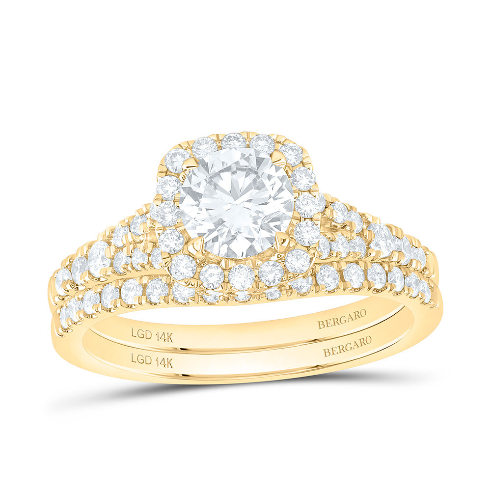 14K Yellow Or White Gold 1 3/8 Cttw Lab Grown Diamond 3/4 Cttw Center Round Cushion Single Halo Bridal Set