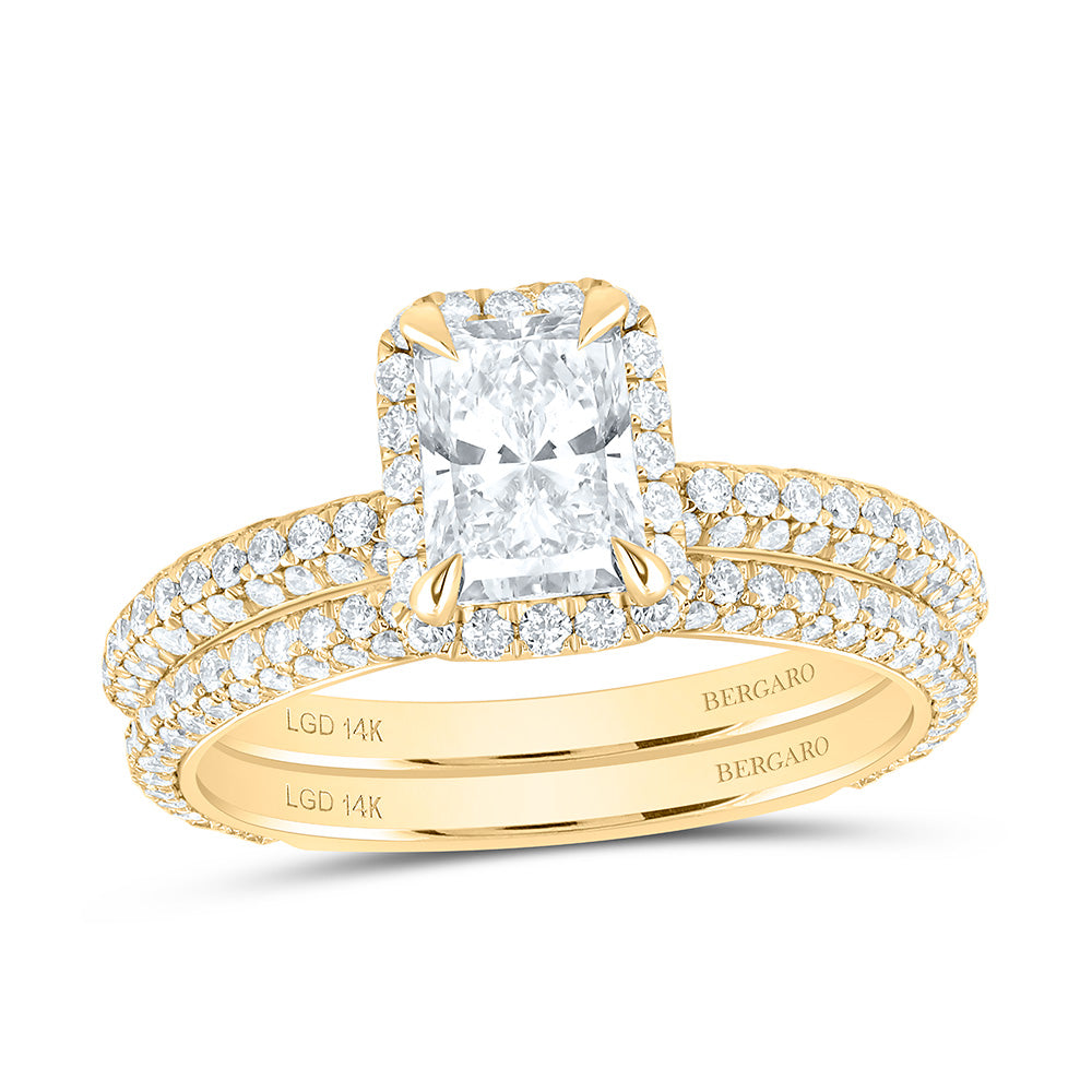 14K Yellow Or White Gold 2 1/4 Cttw Lab Grown Diamond 1 Cttw Center Radiant Single Halo Bridal Set