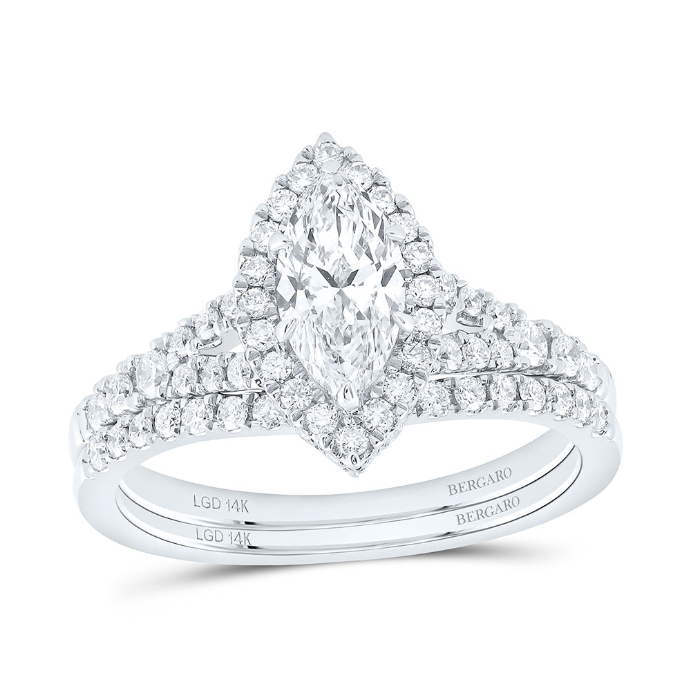 14K Yellow Or White Gold 1 3/8 Cttw Lab Grown Diamond 3/4 Cttw Center Marquise Single Halo Bridal Set