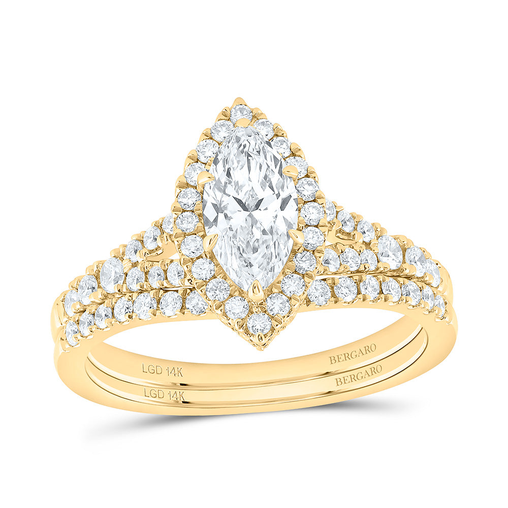 14K Yellow Or White Gold 1 3/8 Cttw Lab Grown Diamond 3/4 Cttw Center Marquise Single Halo Bridal Set