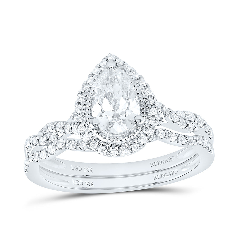14K Yellow Or White Gold 1 Cttw Lab Grown Diamond 3/4 Cttw Center Pear Single Halo Bridal Set